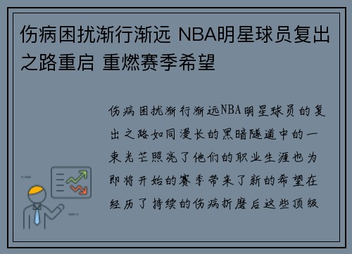 伤病困扰渐行渐远 NBA明星球员复出之路重启 重燃赛季希望